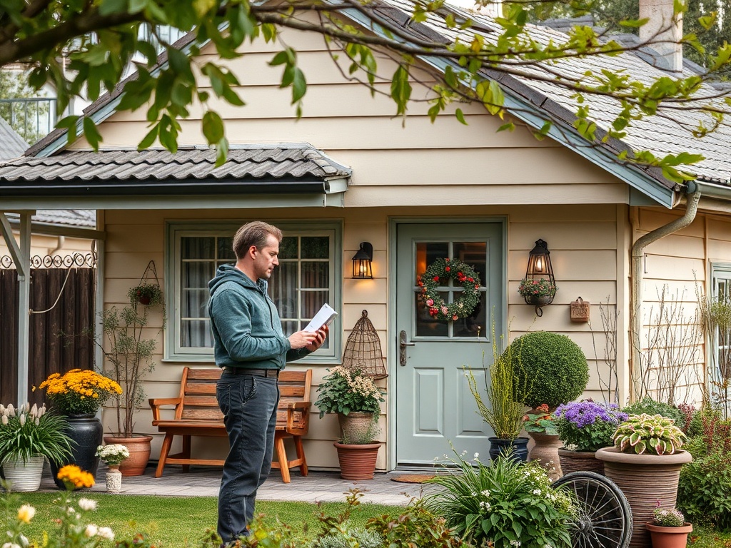 На изображении человек читает книгу на фоне уютного дома и красивого сада с цветами.