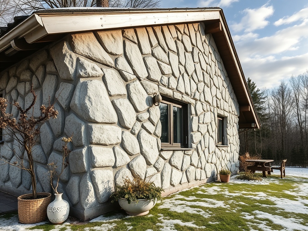 Дом с каменной отделкой, окнами и садом, окружённый полями снега и зелёной травой.