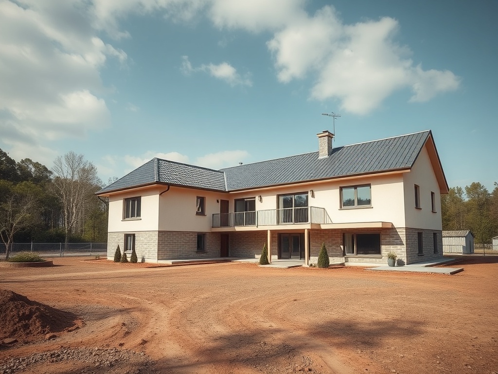 Современный дом с черной крышей, расположенный на участке с растительностью и освободившейся территорией.