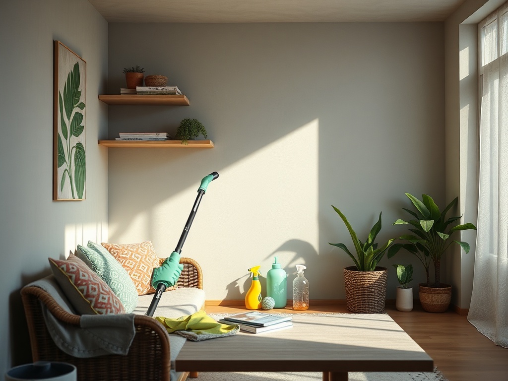 Светлая комната с диваном, растениями и полочками, украшенными книгами и цветочными горшками.