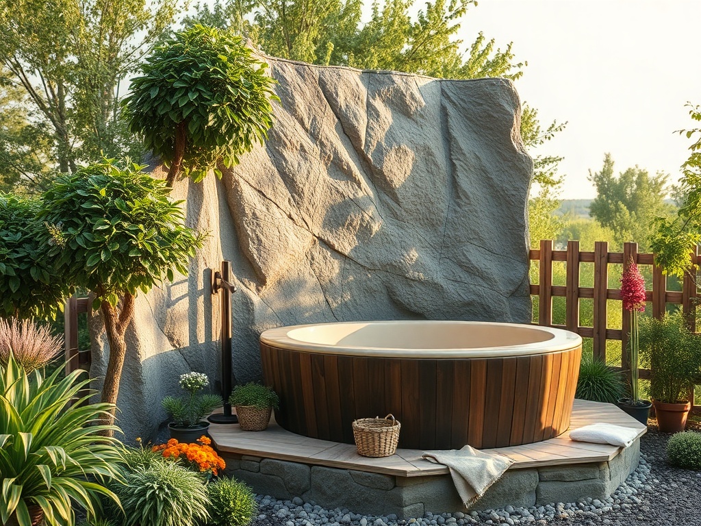 На картине изображена уютная зона с деревянной ванной на фоне каменной стены и зелени. Спокойная обстановка.