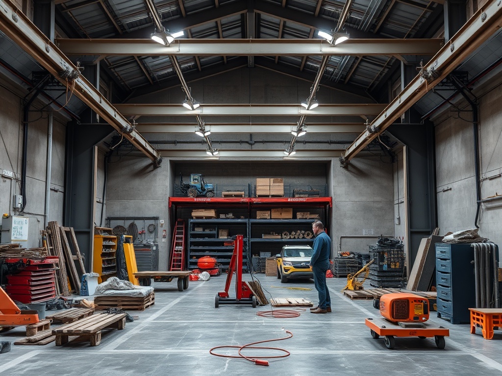 Просторный склад с инструментами и материалами. Мужчина занимается работой среди складированных материалов.