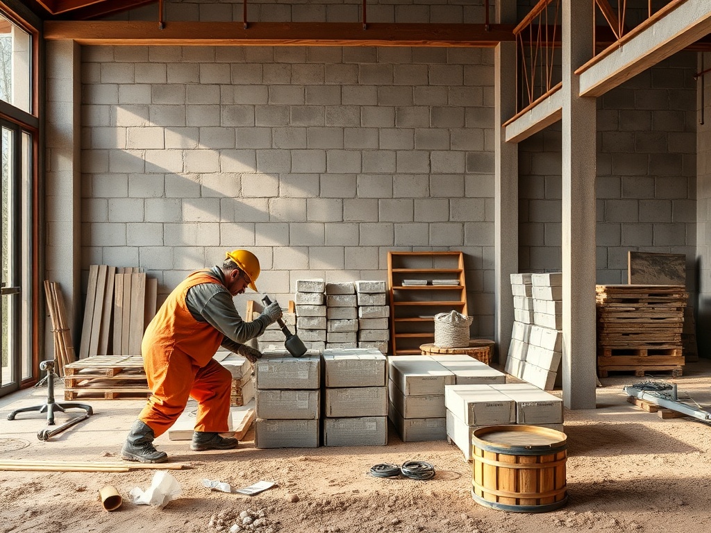 Рабочий в оранжевом комбинезоне укладывает кирпичи в строящейся комнате с большими окнами.
