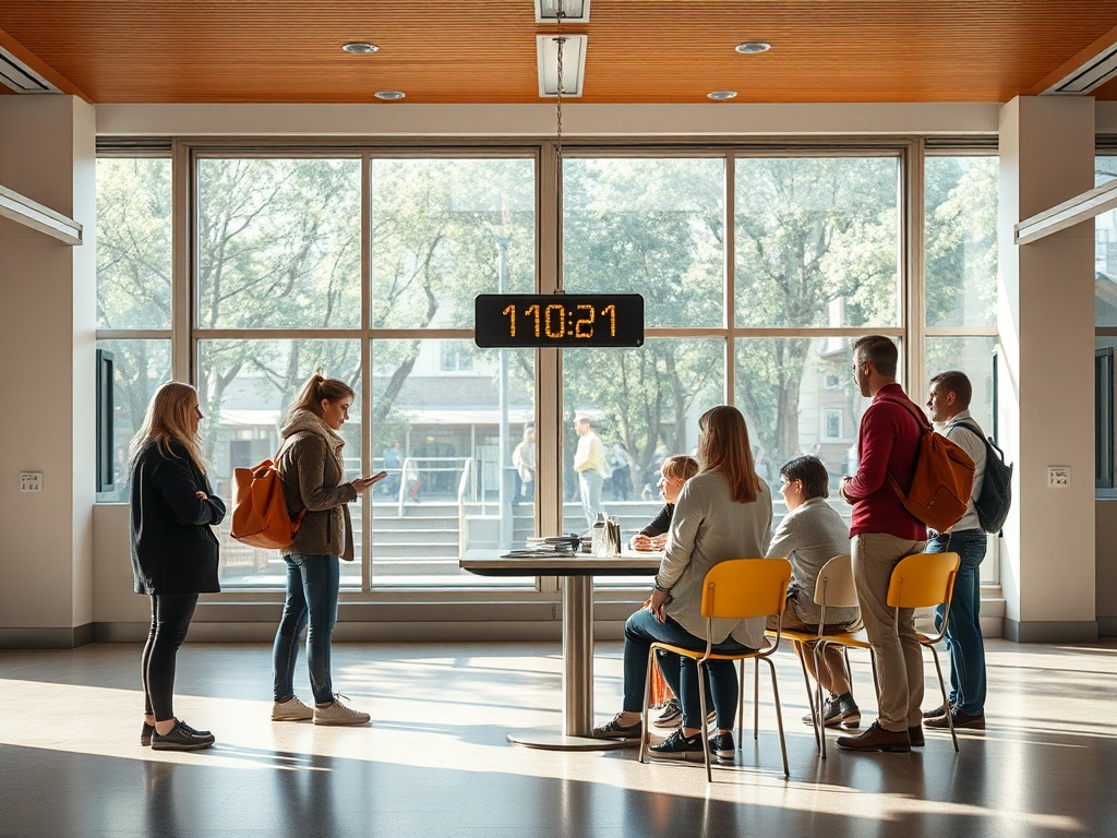 Группа людей обсуждает что-то за столом, на стене часы показывают 170:21. Светлая, просторная комната.