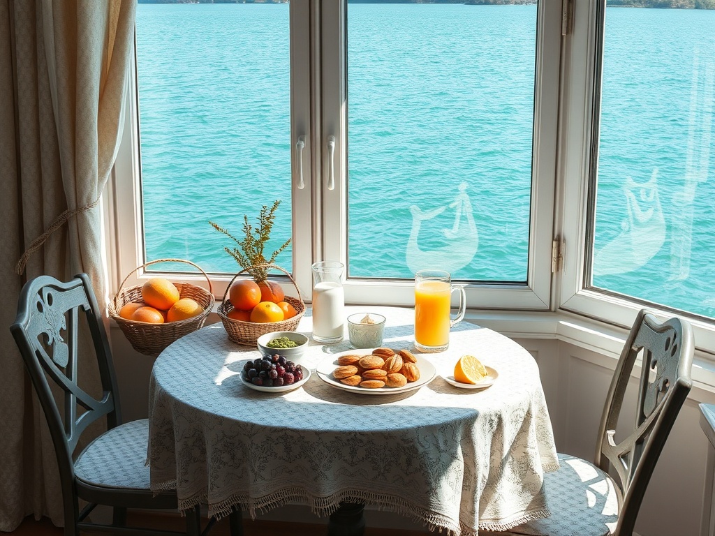 Стол у окна с видом на море, на нем фрукты, сок, молоко и печенье. Атмосфера уютного завтрака.