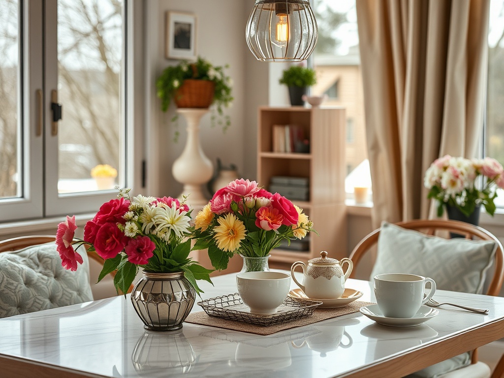 Яркие цветы в вазах на столе, рядом чашки и чайник, уютная обстановка в светлом интерьере.