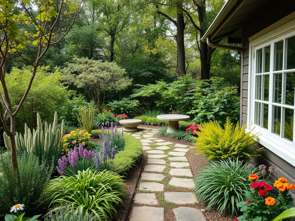 Сад с зелеными насаждениями и цветами, каменная дорожка ведет к круглому столу. Вокруг много зелени.