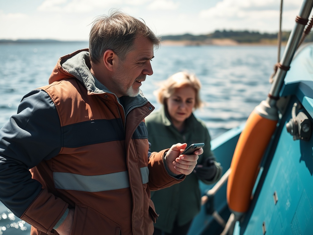 Мужчина и женщина на лодке. Он смотрит на телефон, а она внимательно смотрит на него и окружение.