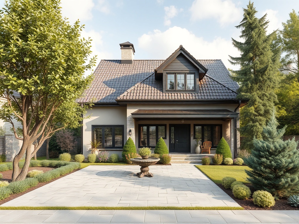 Современный загородный дом с ухоженным двором, газоном и зелеными растениями на фоне голубого неба.