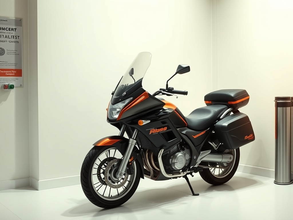 Мотоцикл с черным и оранжевым окрашиванием стоит в помещении на фоне светлой стены.