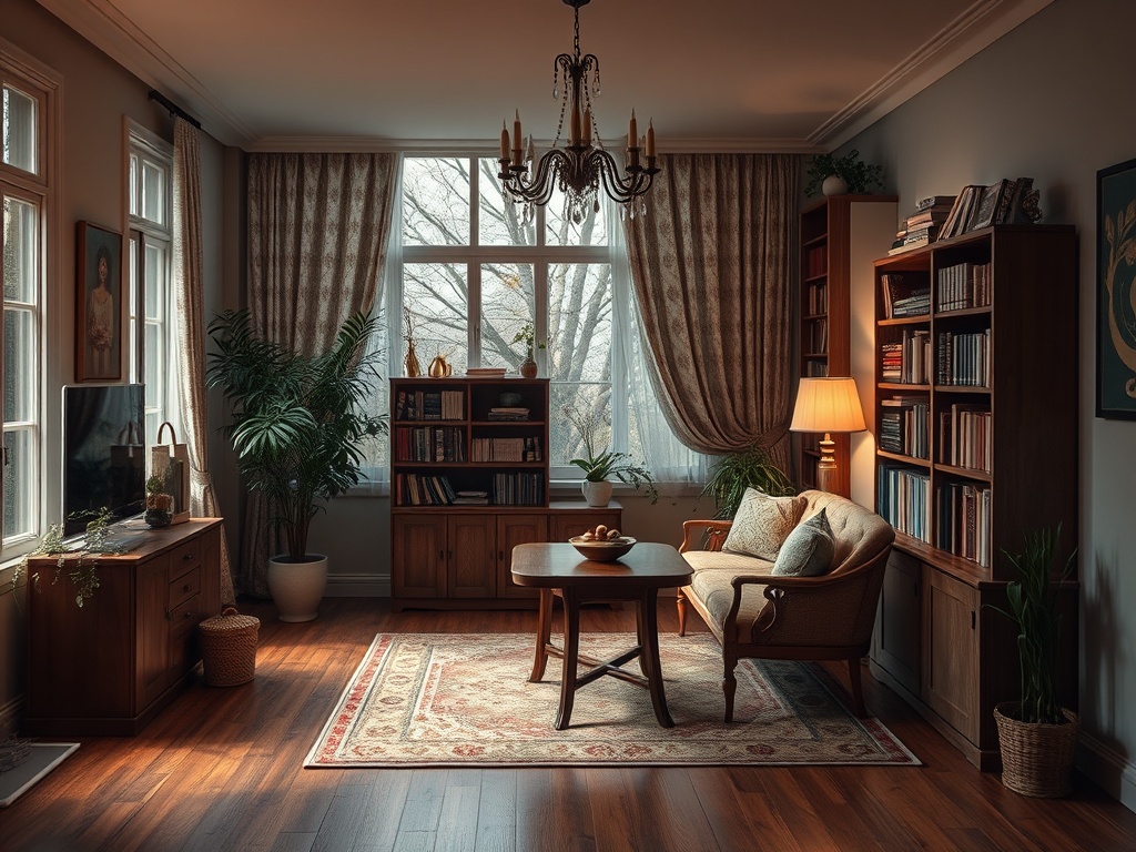 Уютная гостиная с мебелью, книжными полками и большим окном, через которое видно деревья.