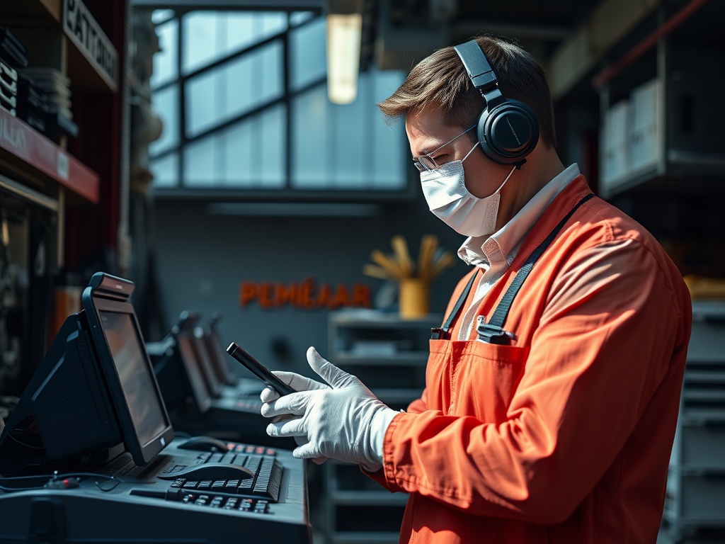 Рабочий в маске и наушниках использует телефон, стоит за барной стойкой в магазине или офисе.