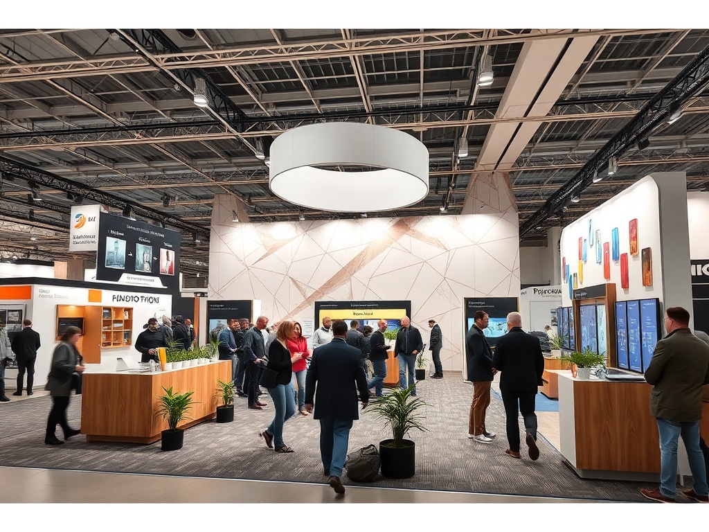 На выставке люди обсуждают продукцию, стоят у стендов. Интерьер современный и светлый.