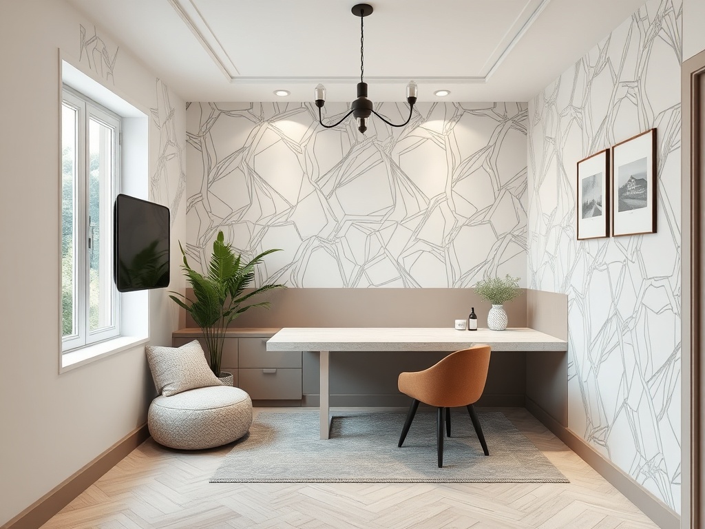 Современный интерьер дома: рабочий уголок с столом, креслом, растением и минималистичными украшениями.