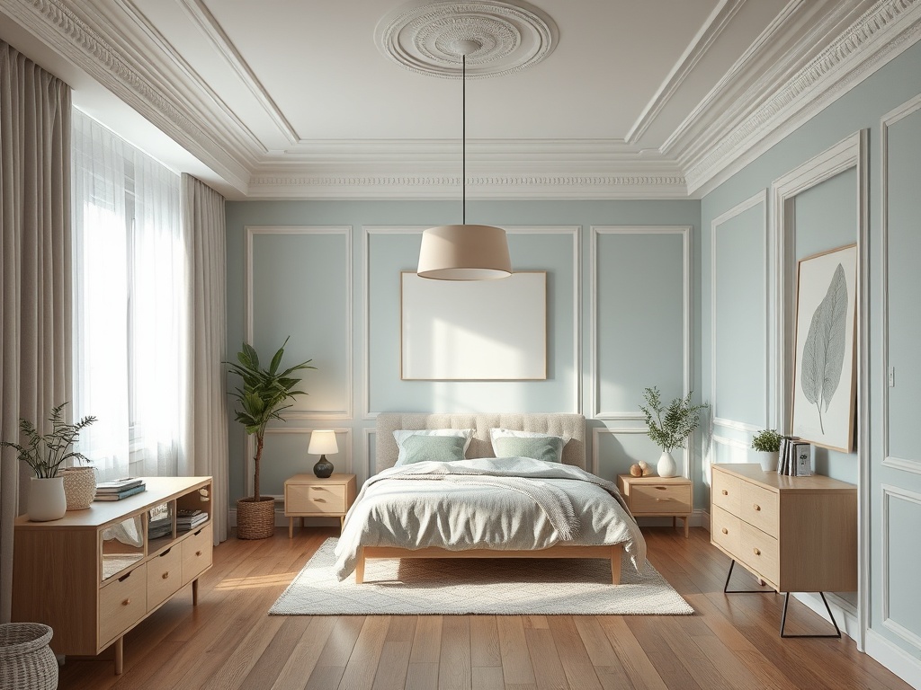 Современная спальня с двумя прикроватными тумбами, кроватью и растениями на фоне светло-голубых стен.