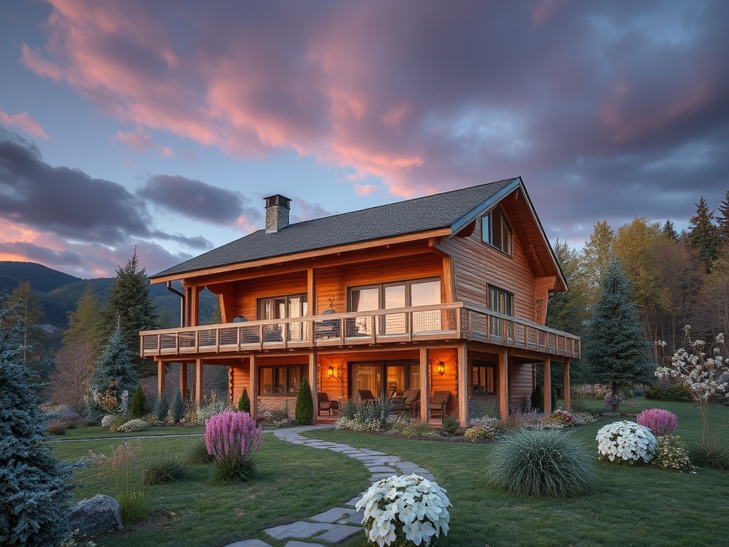 Деревянный дом с террасой на фоне гор. Вокруг цветы и зелень, красивый закат на небе.
