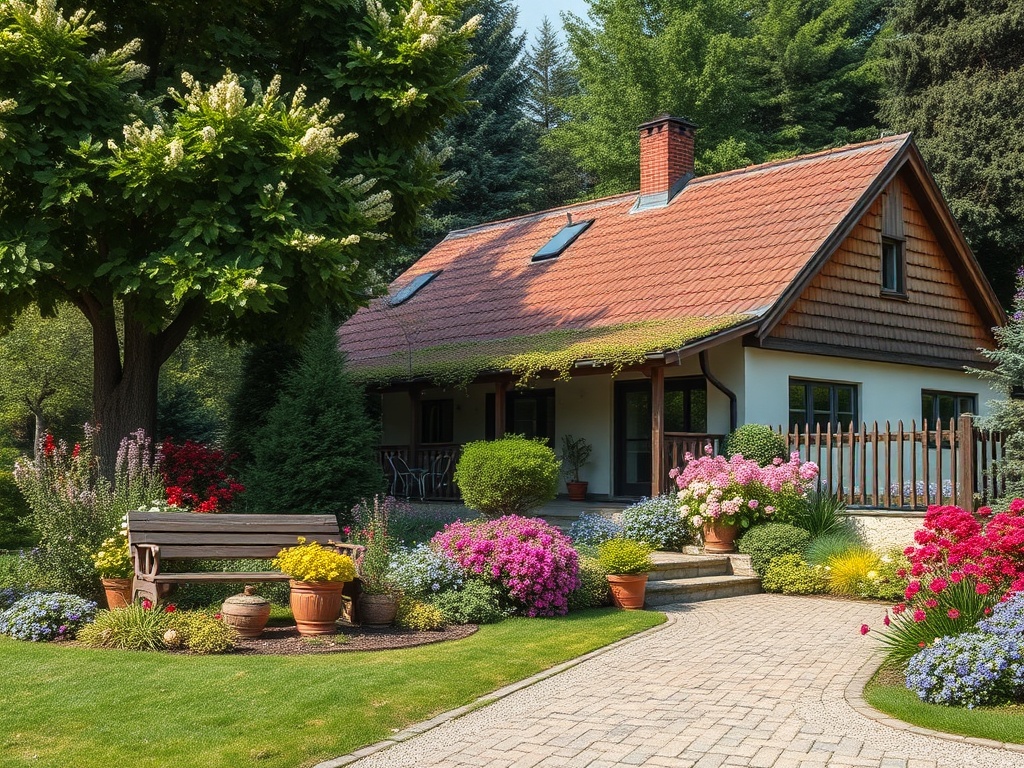 Уютный дом с садом, цветущими растениями и скамейкой на фоне зелёных деревьев. Идеальное место для отдыха.