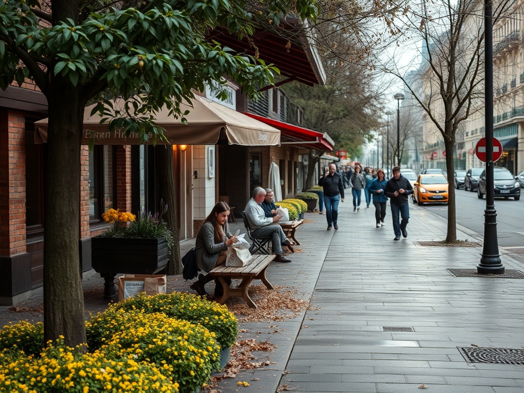 На улице сидят люди, проходит народу, находятся цветочные клумбы и кафе с тентами. Осень, пасмурно.