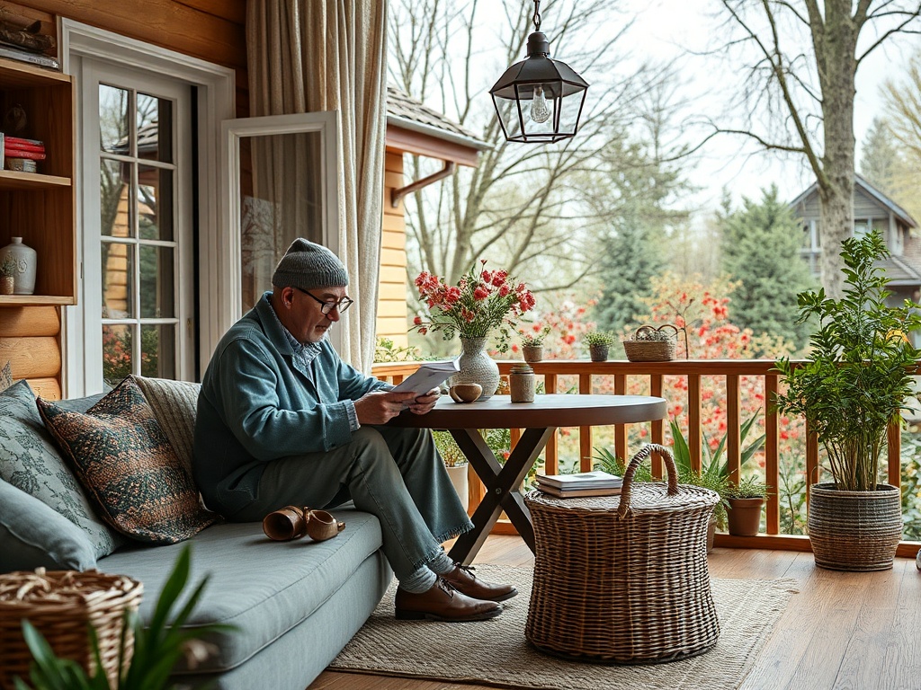 Пожилой человек читает книгу на веранде, окружённый зеленью и цветами, наслаждаясь спокойным моментом.
