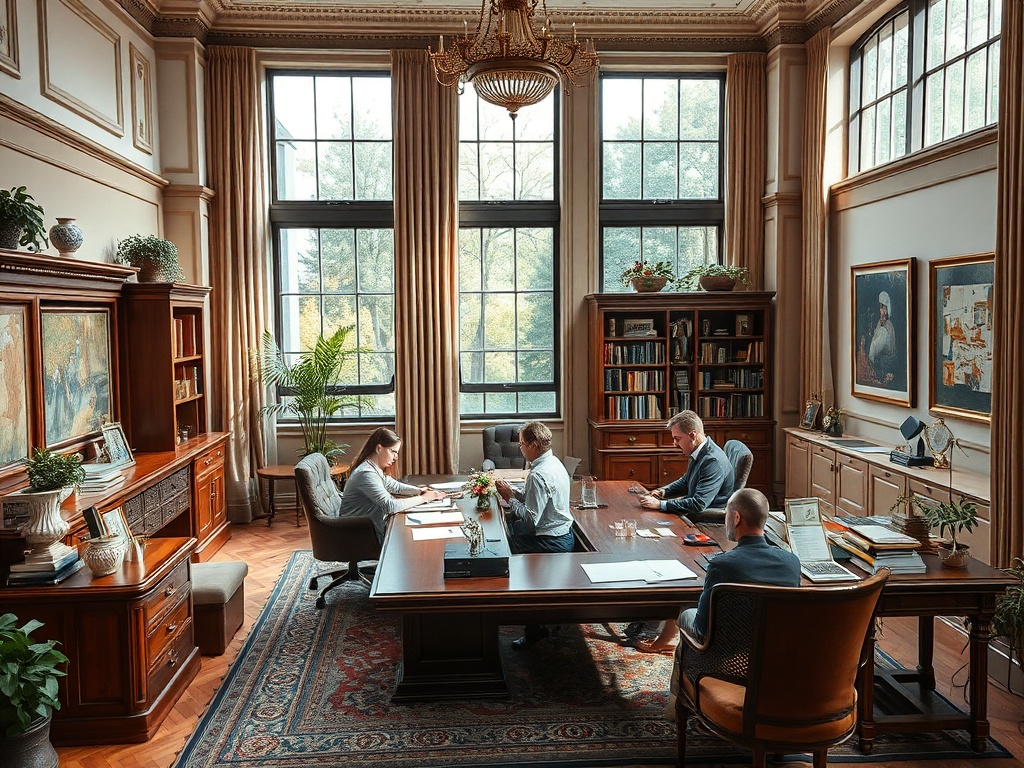 В просторном офисе четверо людей проводят заседание, обсуждая документы и идеи на фоне больших окон.