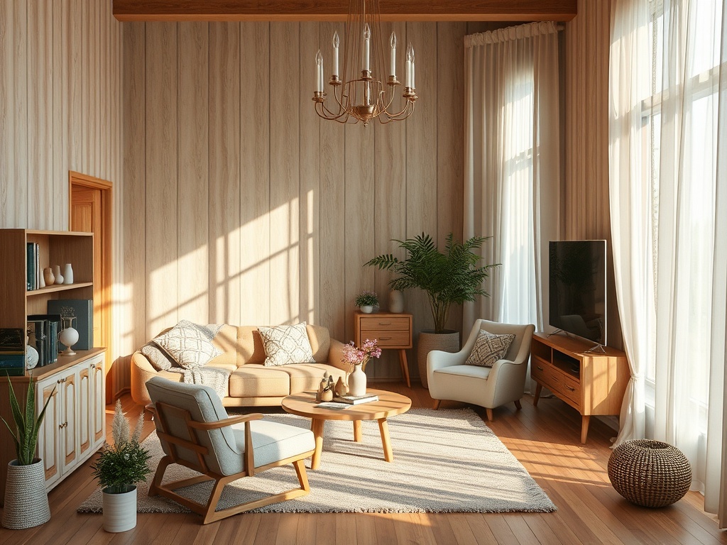 Светлая гостиная с уютной мебелью, книжным шкафом, телевизором и растениями на фоне больших окон.