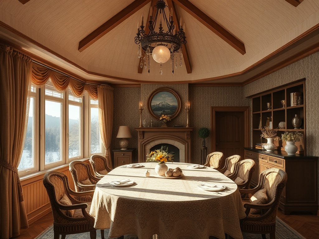 Светлое и уютное столовое с круглым столом, стульями и большими окнами, пропускающими солнечный свет.