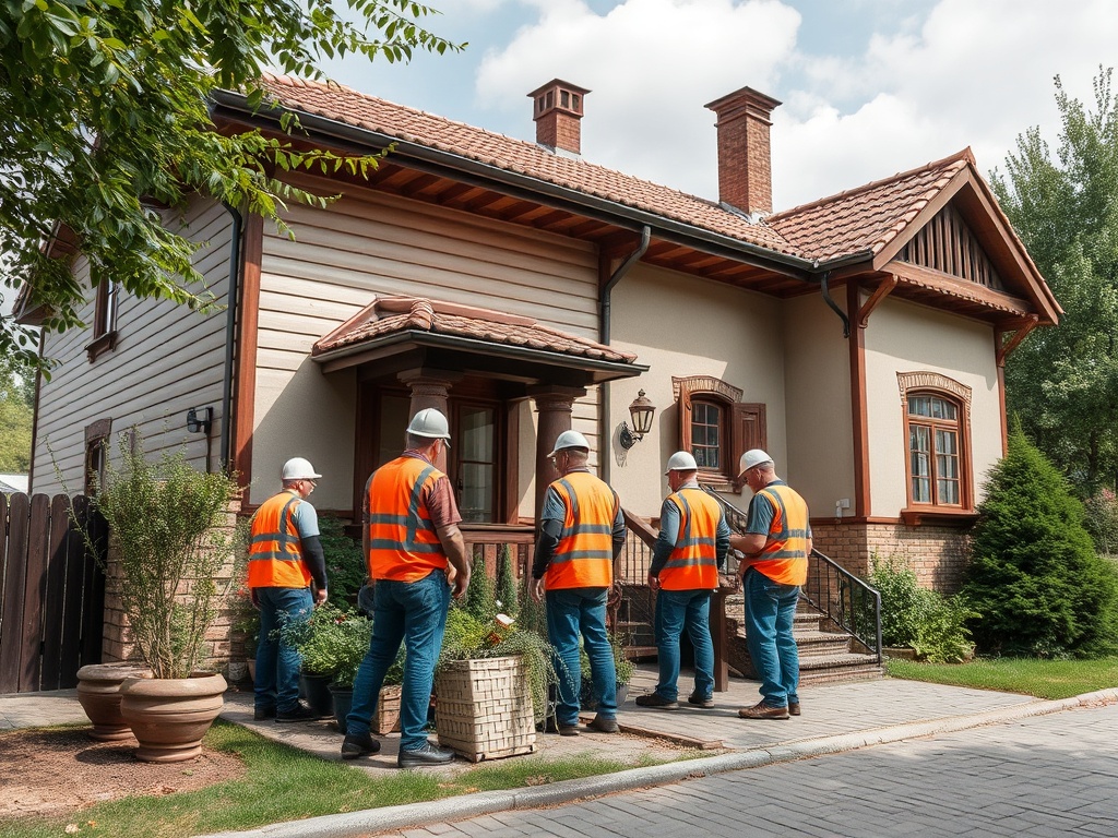 Шесть строителей в касках и с жилетами работают у дома с зеленым участком и красивым ландшафтом.