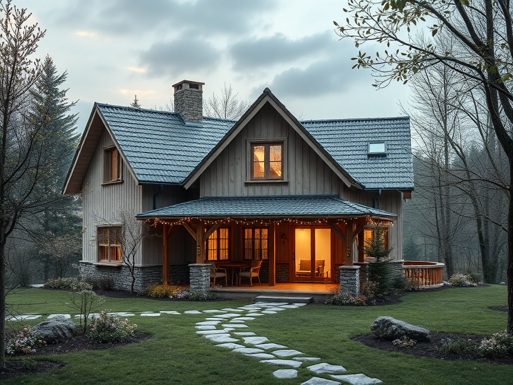 Деревянный дом с мансардой, уютно освещённый, окружённый зеленью и цветами на фоне пасмурного неба.