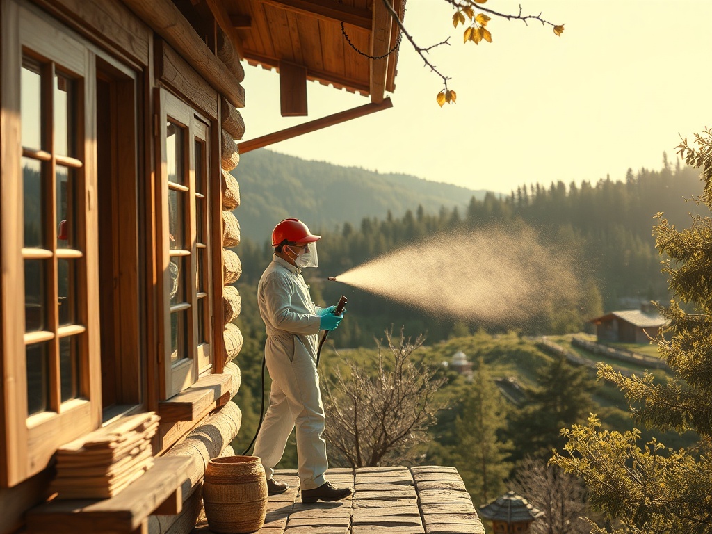 Человек в защитной одежде распыляет что-то на улице возле деревянного дома на фоне леса и гор.