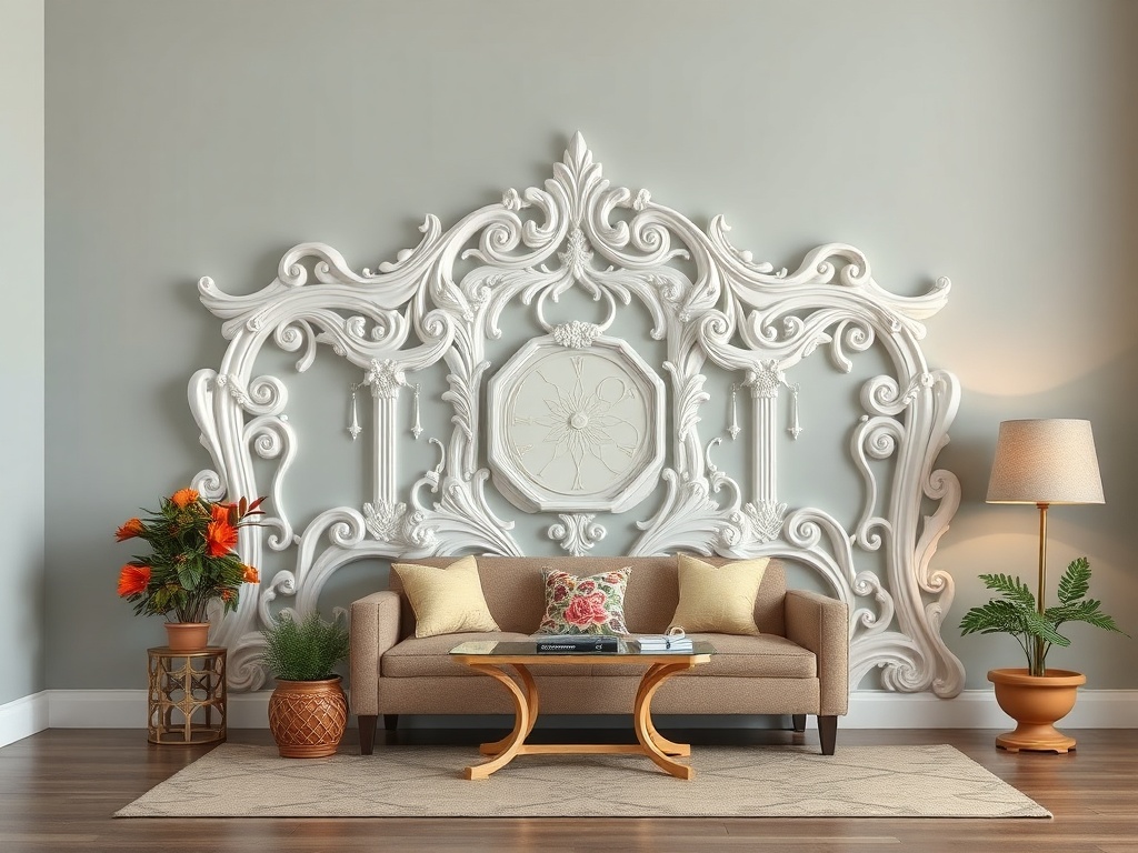 Современный интерьер с уютным диваном, украшенной стеной и растениями в стильных горшках.