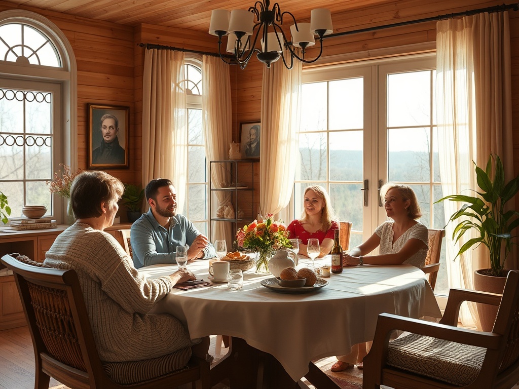 На уютном семейном ужине за столом сидят четыре человека, обедая и беседуя при мягком свете.
