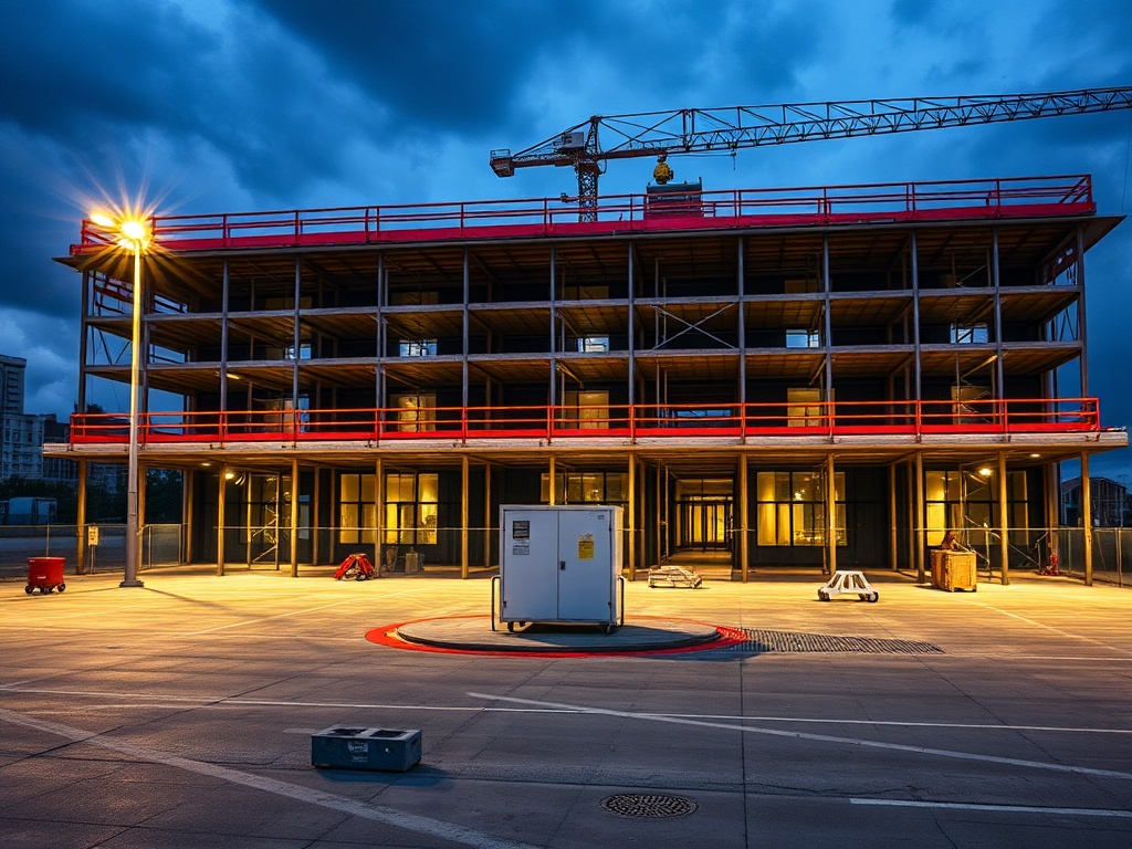 Строящееся здание в вечернее время, освещенное уличными фонарями, с краном и облаками на фоне.