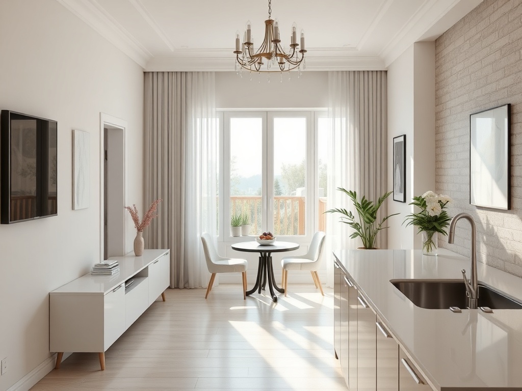 Современная кухня-гостиная с большим окном, обеденным столом и зелеными растениями на фоне светлых стен.