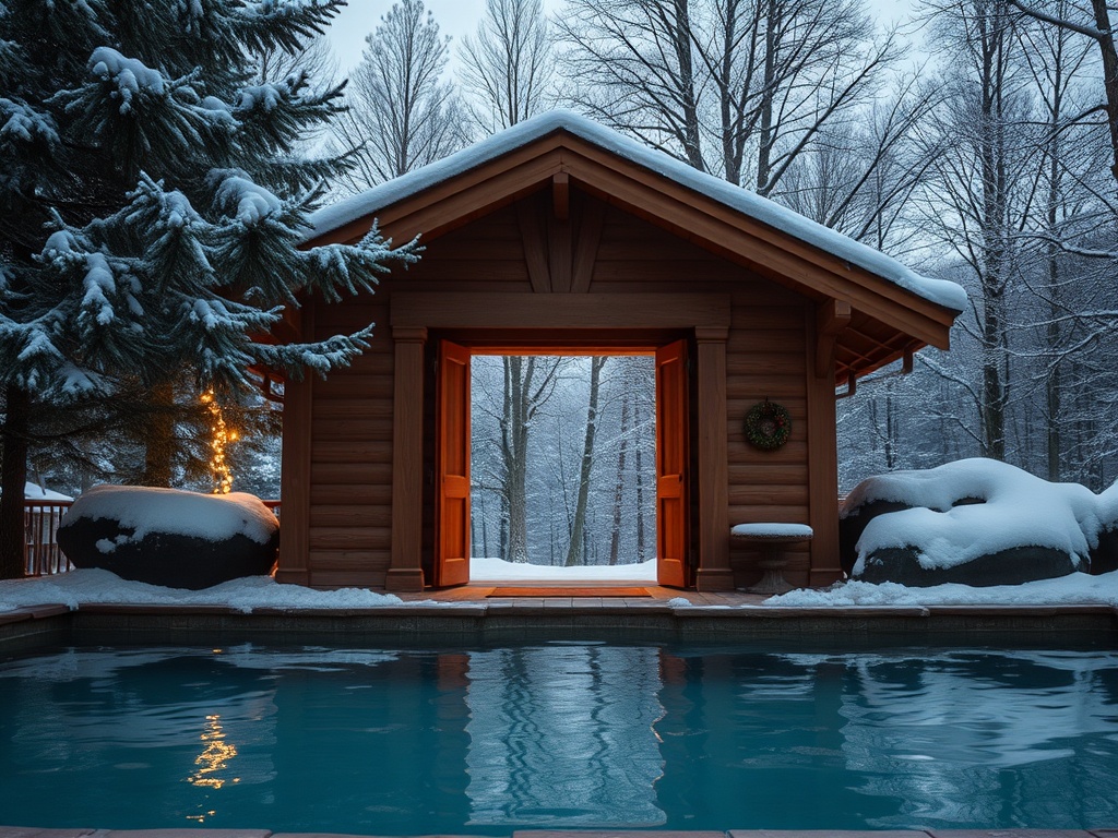 Деревянный домик у бассейна, окруженный снегом и соснами, создаёт атмосферу зимнего уюта.
