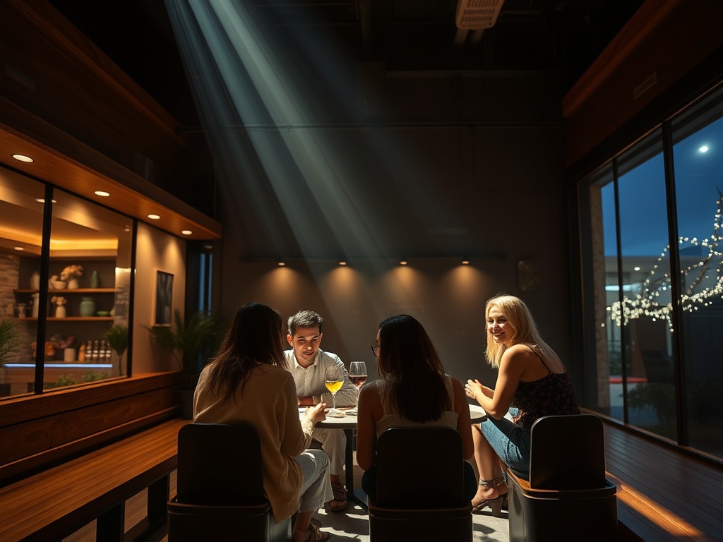 Четыре человека сидят за столом в уютном ресторане, наслаждаясь беседой и напитками в мягком свете.