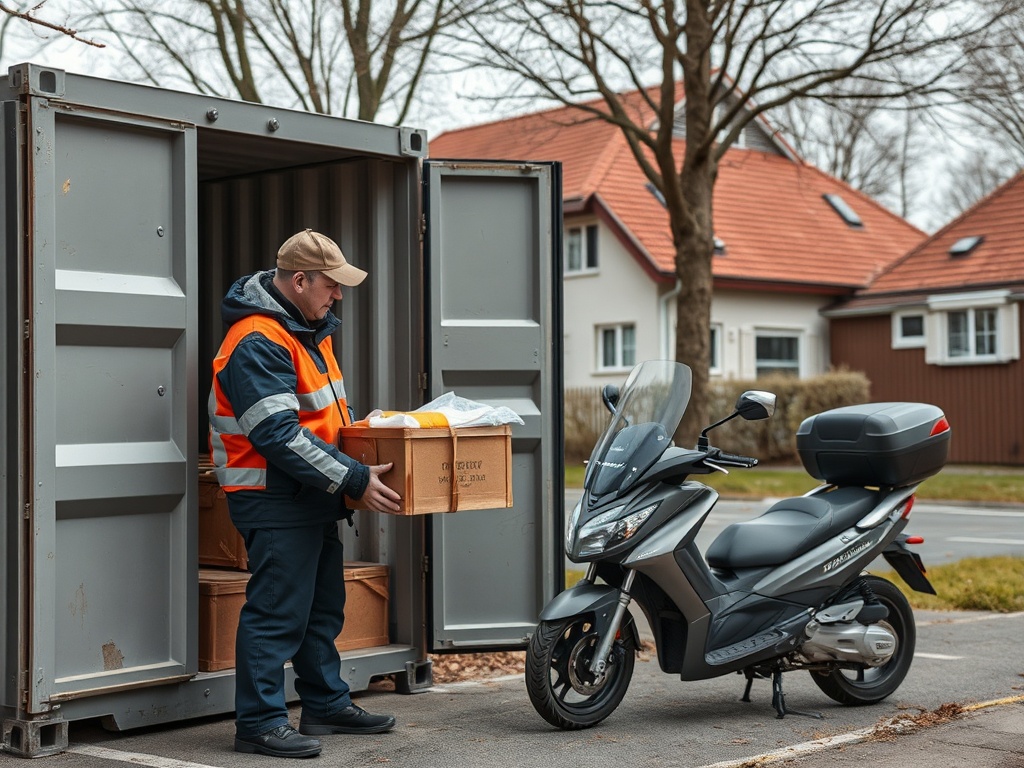 Человек в оранжевом жилете берёт коробку из контейнера рядом с мотоциклом на улице.