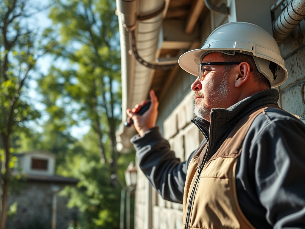 На изображении человек в каске и очках, осматривающий строительный объект на фоне зелёных деревьев.
