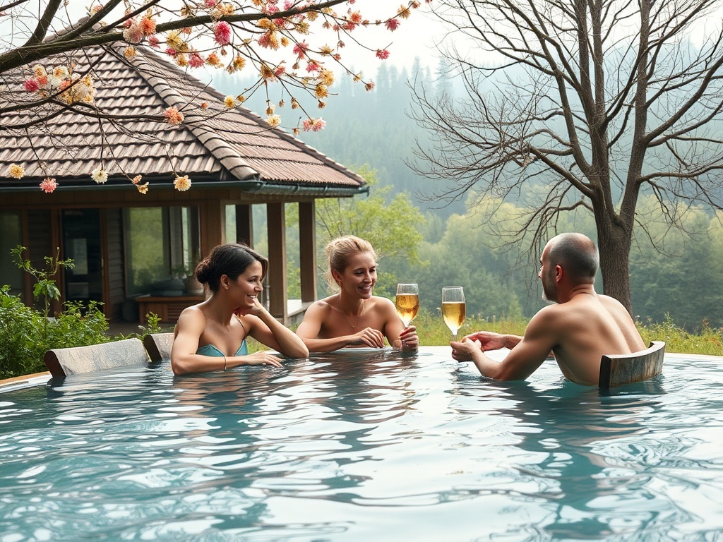 Трое друзей наслаждаются времяпрепровождением в бассейне с коктейлями на фоне природы.