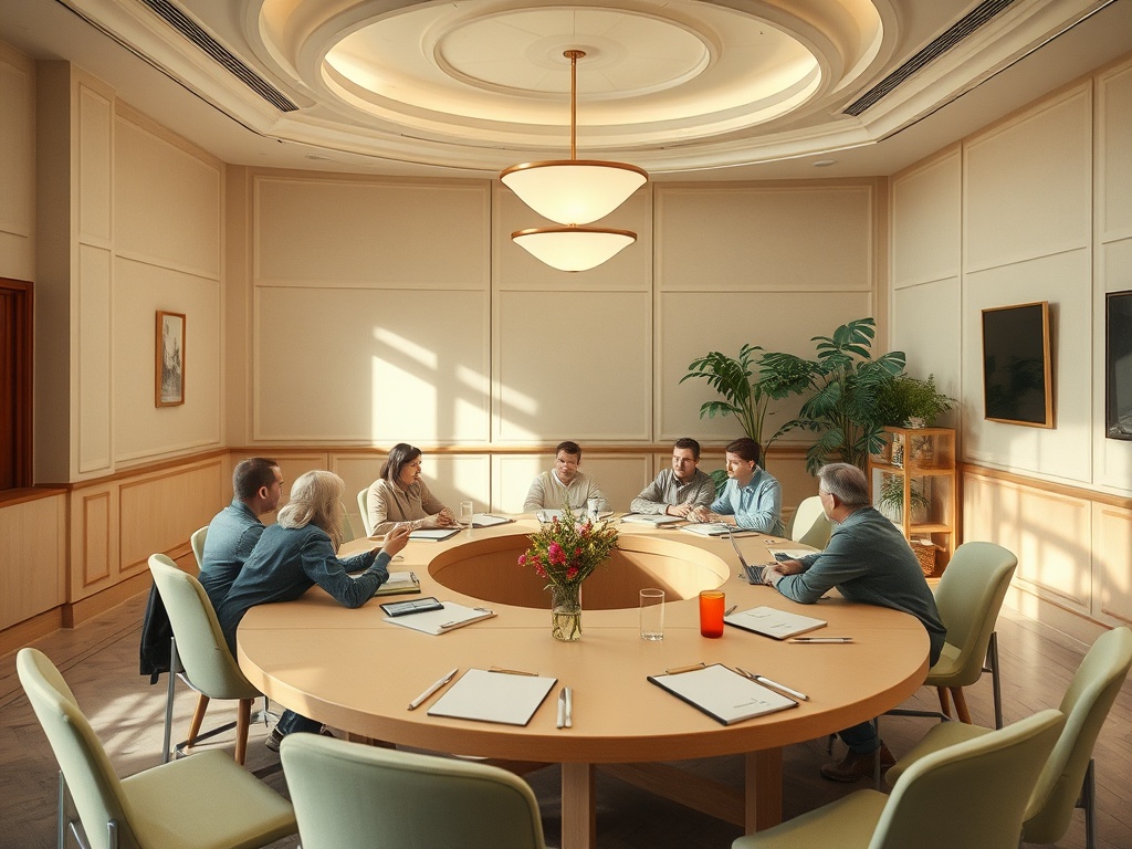 Великолепная встреча команды в современном офисе, обсуждающей важные вопросы за круглым столом.