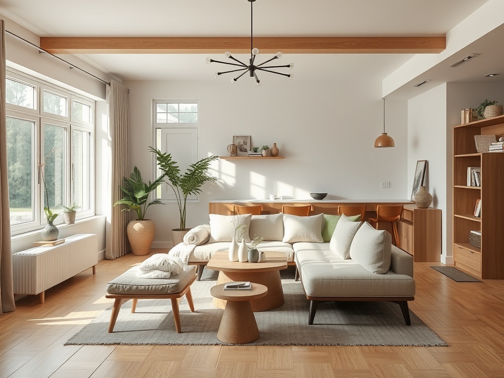 Светлая гостиная с современным уютным диваном, столом и растениями, окруженная большими окнами.