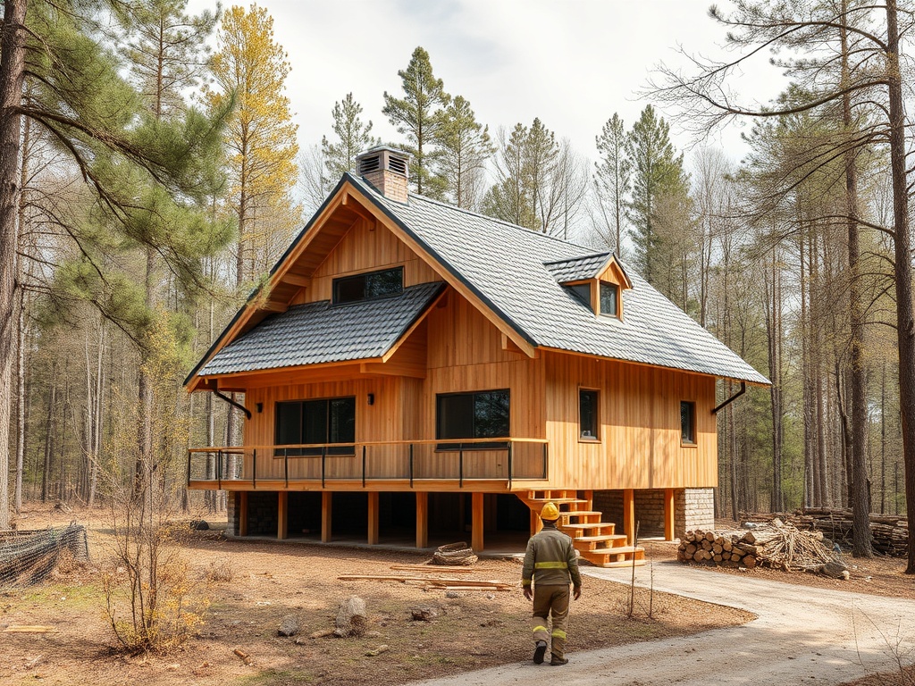 На изображении деревянный дом в лесу. Человек в одежде идет к дому среди деревьев и пней.