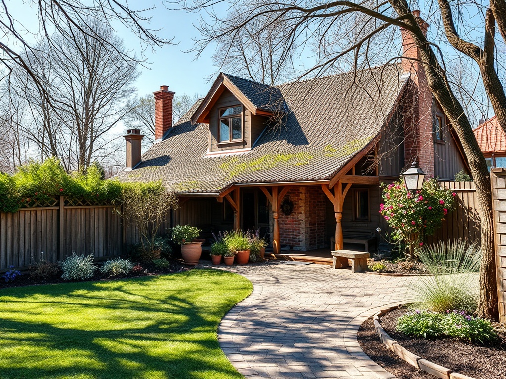 Солнечный двор с ухоженным газоном, домом в стиле хьюми и цветами в горшках. Тихая и уютная обстановка.